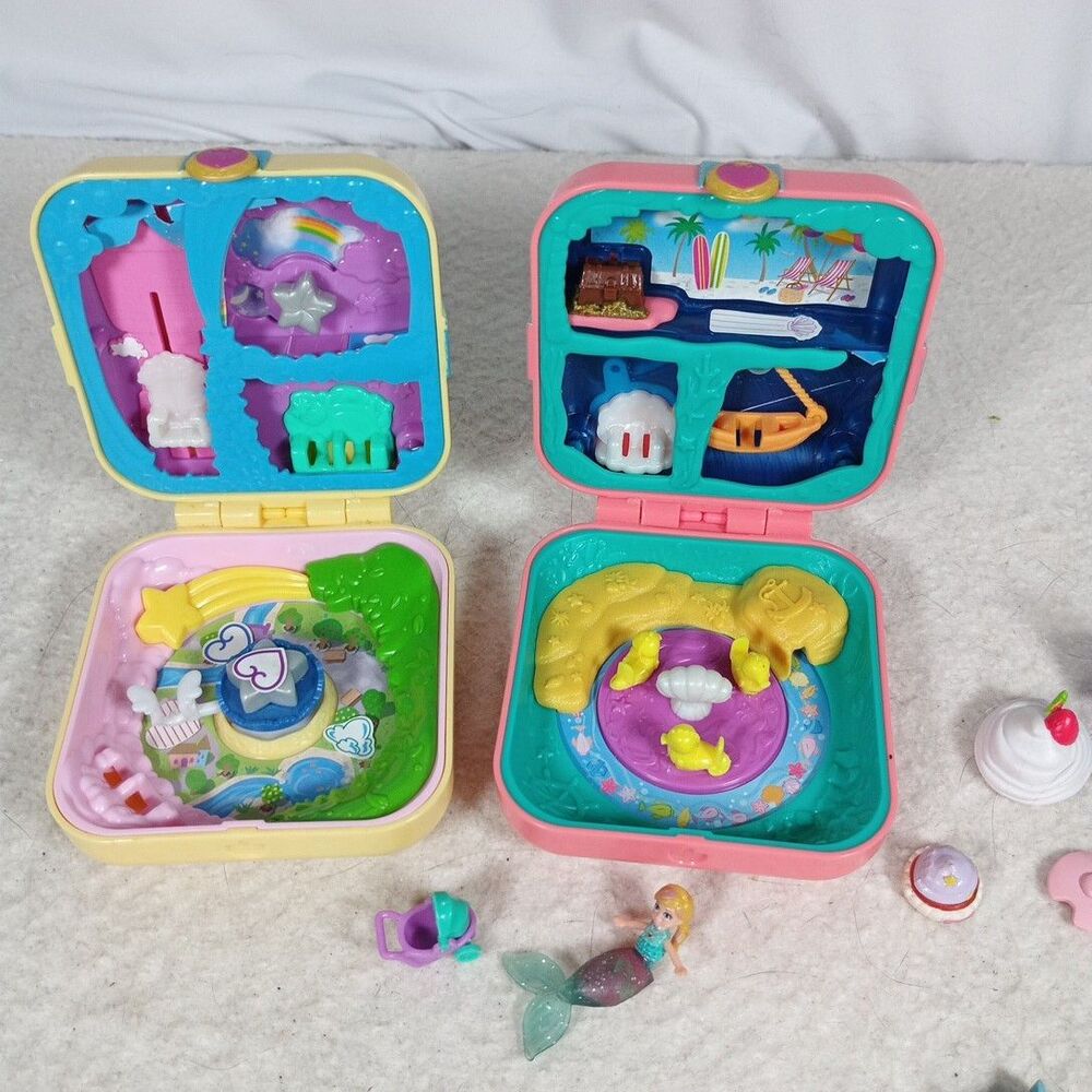 Polly Pocket Lot 2 Compacts 2018 Mattel Mermaid Beach Playset Figures